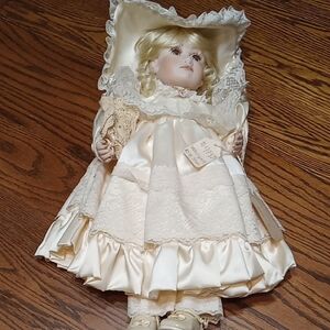 Charming Cream Porcelain Doll with Lace Dress